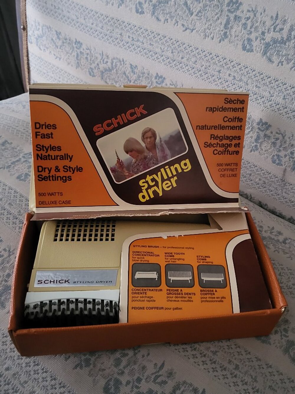 Vintage 1976 Schick Styling Dryer 500W Deluxe Case Manual Retro Blow Dryer